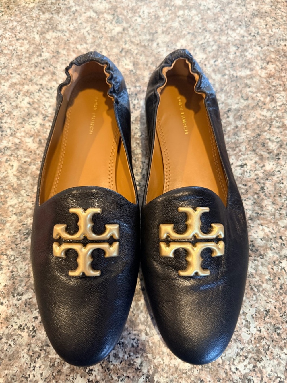 Tory Burch Black Leather Logo Loafers with Gold Emblem